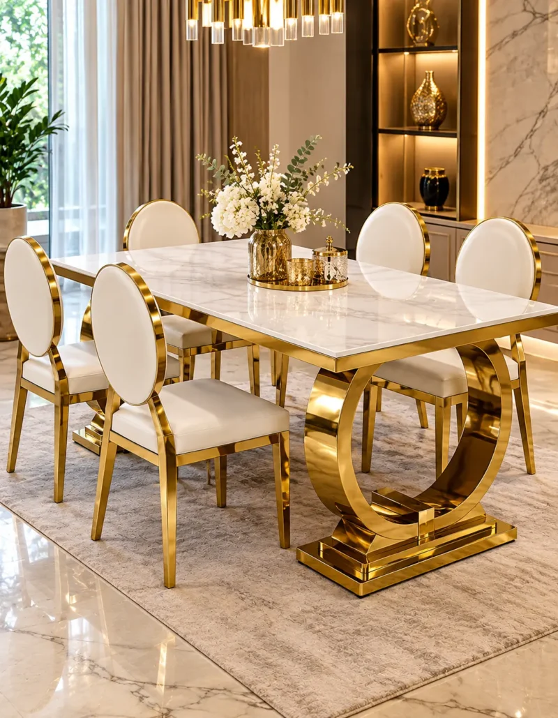 Luxury 6 seater marble dining table with double U gold base