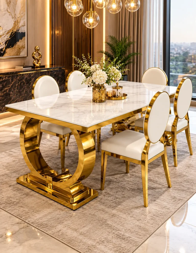 Modern white marble dining table set with gold oval back chairs