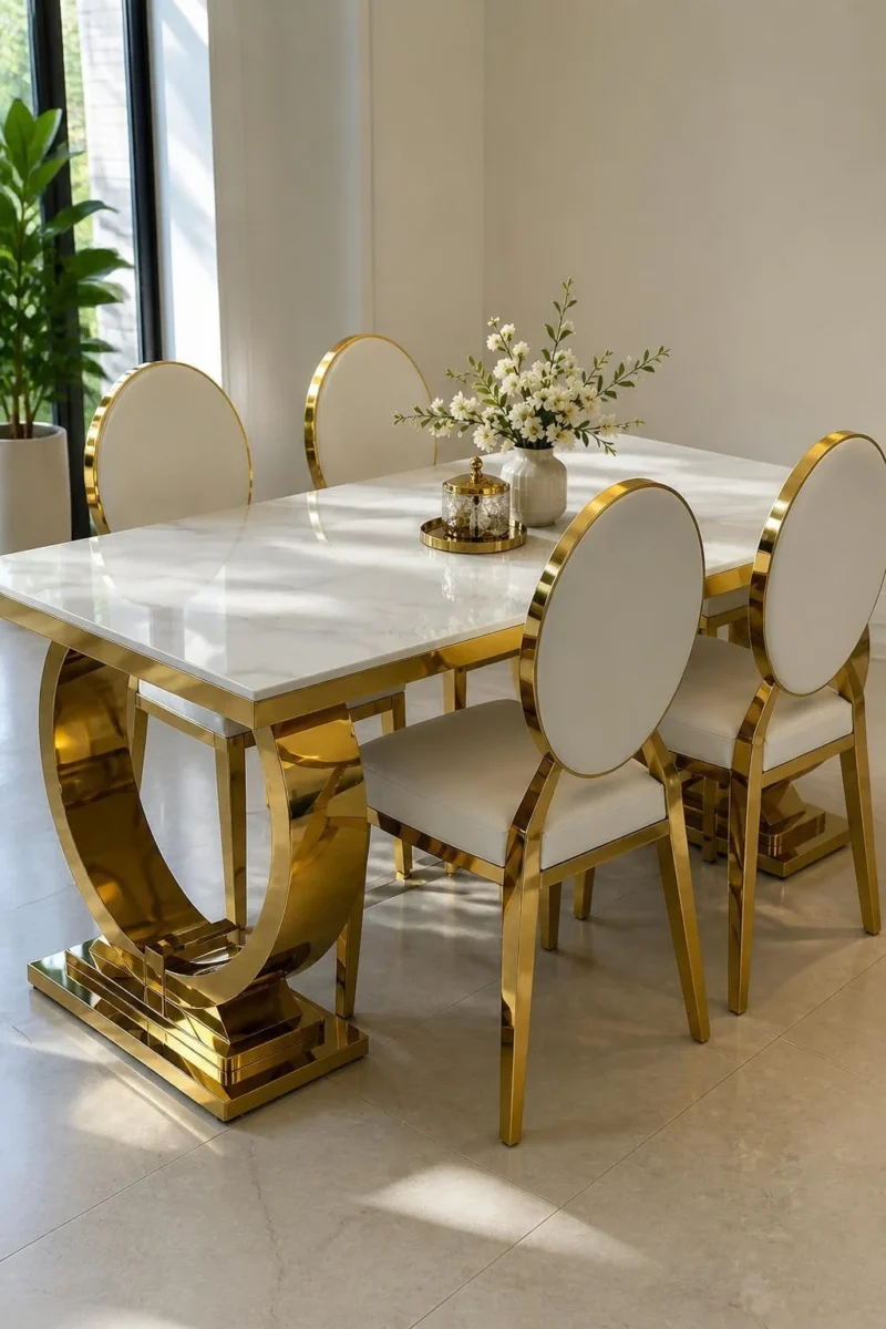 Gold stainless steel marble dining table with white upholstered chairs