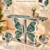 Mariposa Luxe butterfly marble console table with emerald-green marble top, polished stainless steel base and feature highlights.
