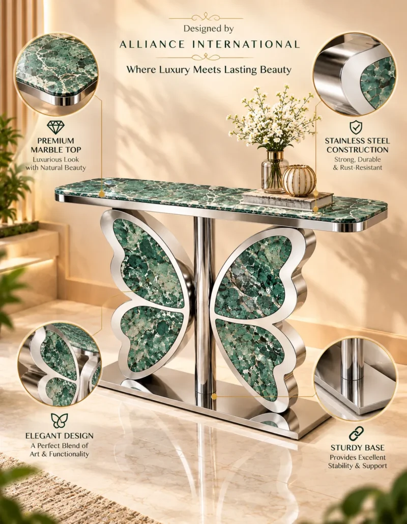 Mariposa Luxe butterfly marble console table with emerald-green marble top, polished stainless steel base and feature highlights.