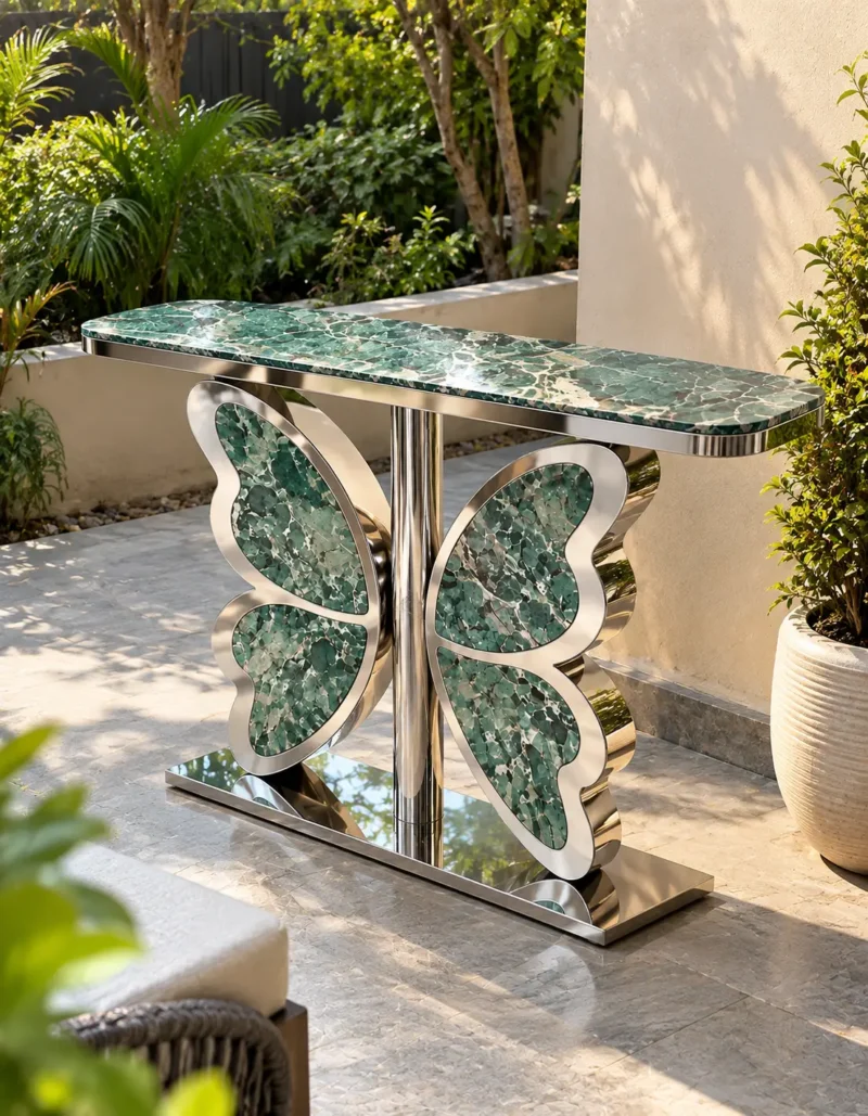 Green marble butterfly console table with polished silver stainless steel base displayed in a sunlit garden patio setting.