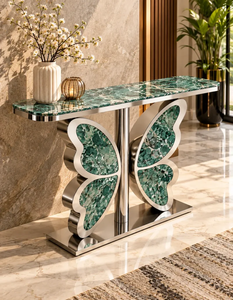 Designer green marble console table with butterfly-shaped stainless steel pedestal in an elegant marble-floored foyer.