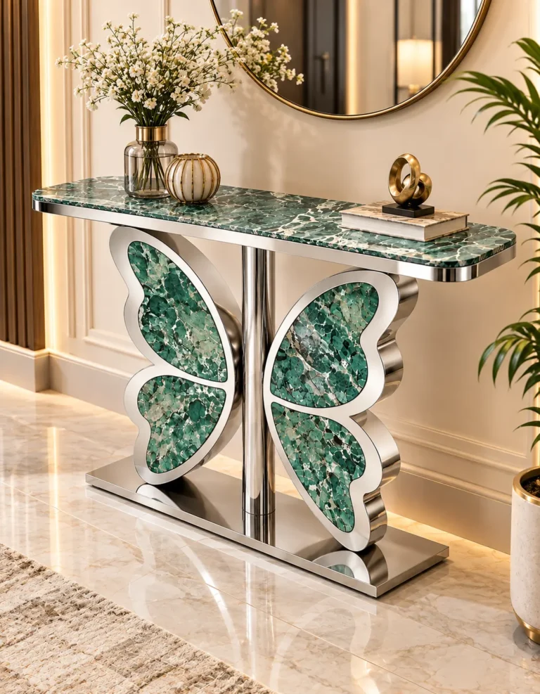 Luxury entryway console table with green marble top and silver butterfly-inspired stainless steel base beneath a round wall mirror.