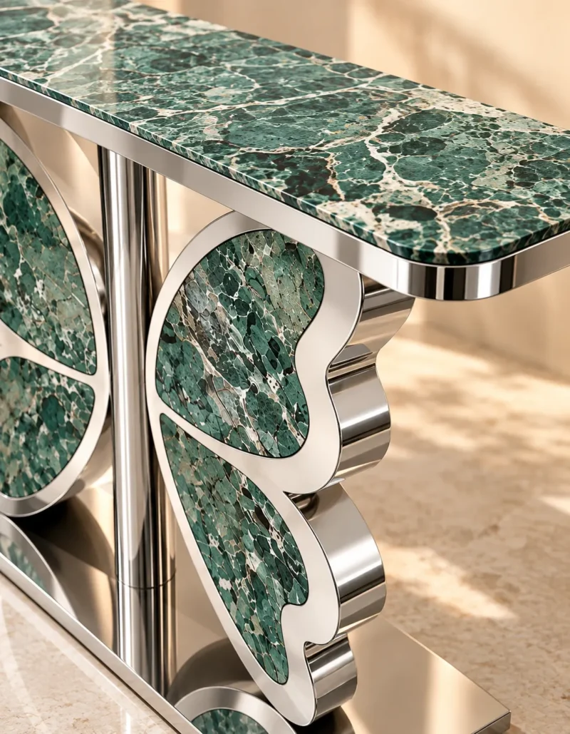 Close-up of emerald-green marble console tabletop with white veining and silver stainless steel butterfly-wing detailing.