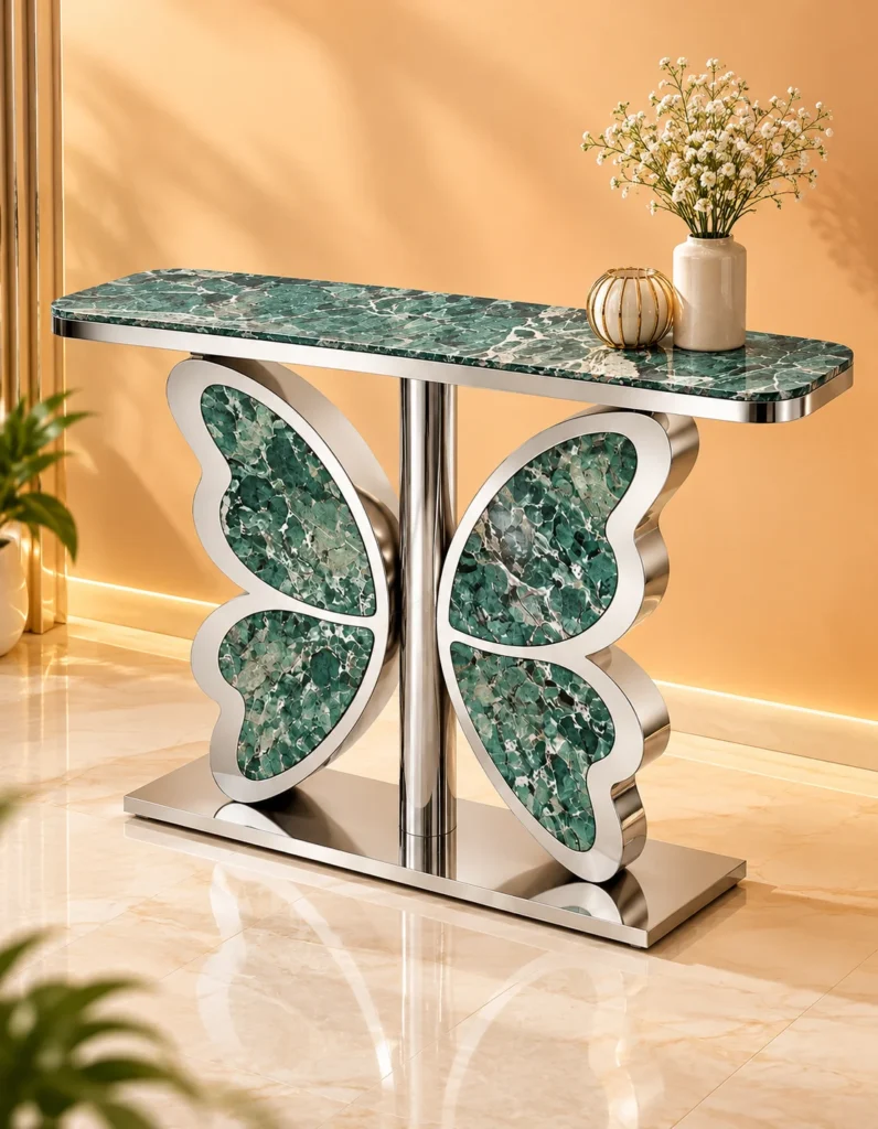 Modern butterfly console table with green marble top and polished stainless steel base in a warm luxury interior.