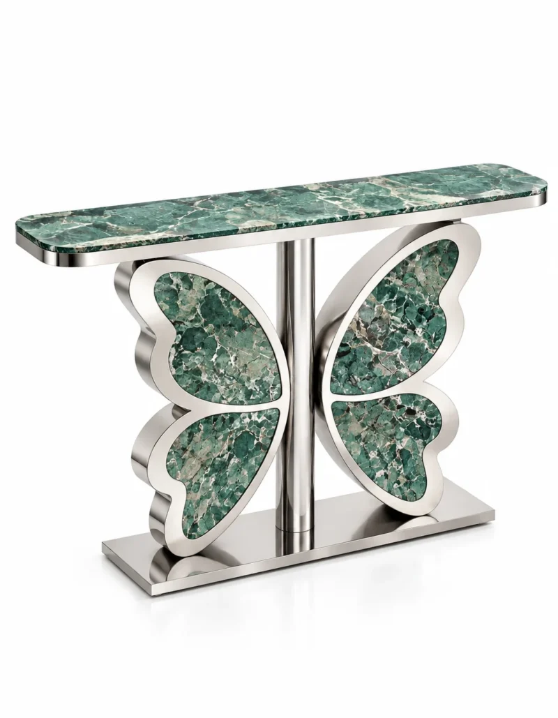 Mariposa Luxe green marble butterfly console table with polished silver stainless steel base isolated on a white background.