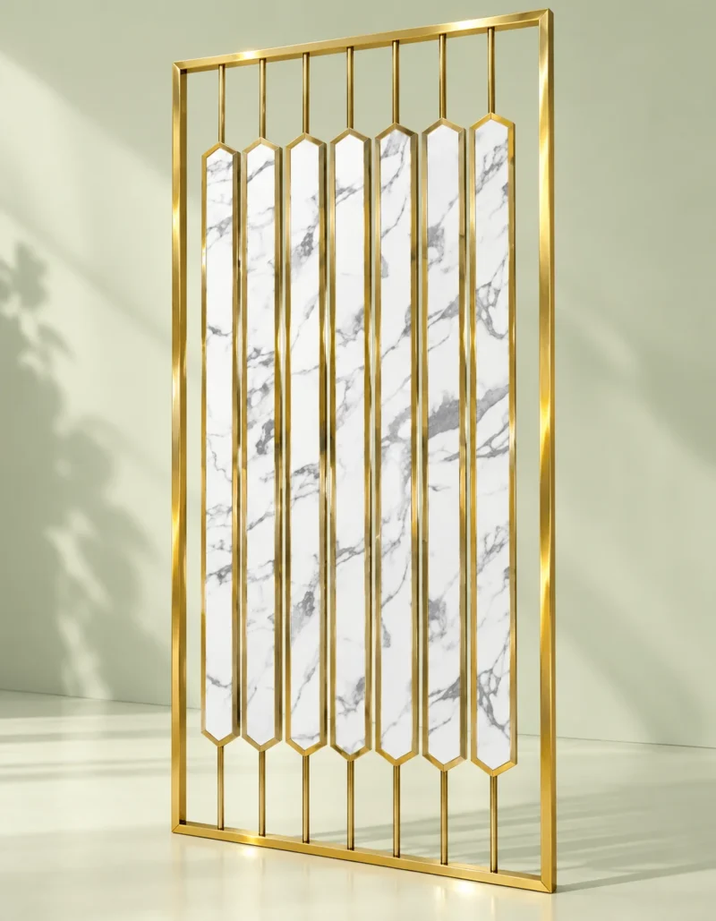 Angled gold PVD stainless steel room divider with vertical marble-look inserts