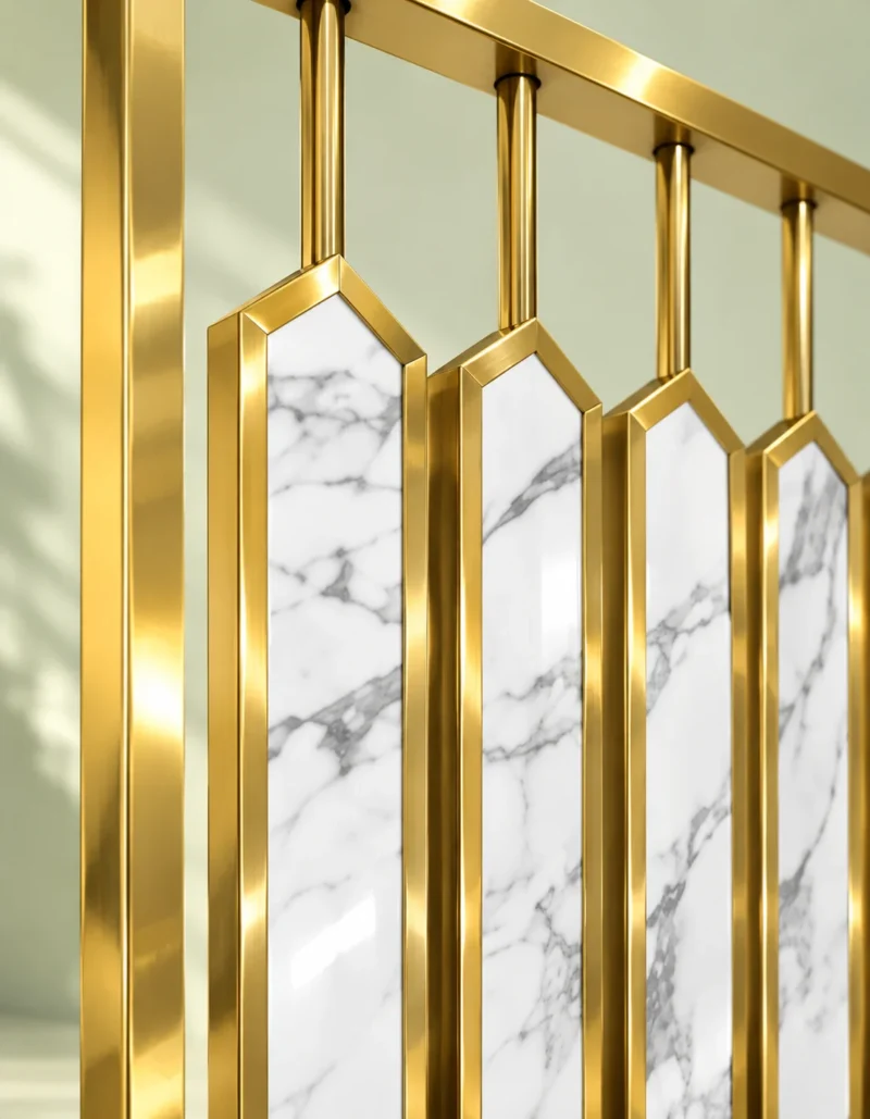 Close-up of gold PVD stainless steel frame and white marble-design partition inserts