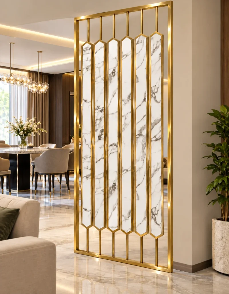 Gold marble-design stainless steel partition between living and dining areas