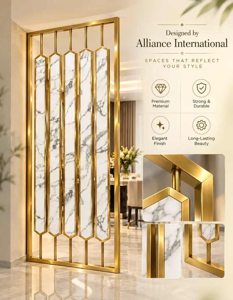 Marvella Hex Luxe gold PVD partition feature graphic showing premium stainless steel detailing