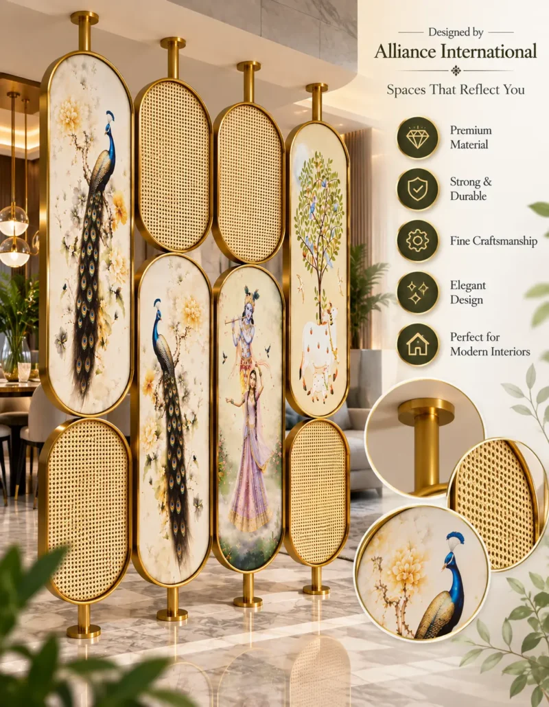 Mayura peacock design room partition with gold stainless steel frame and artistic panels