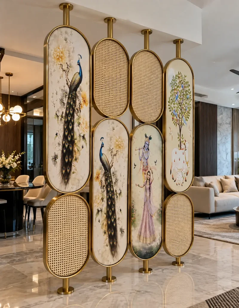 Peacock design room partition with gold stainless steel frame in luxury living room