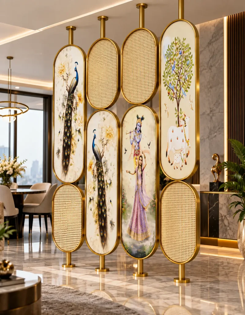 Gold peacock room divider with artistic oval panels between living and dining areas