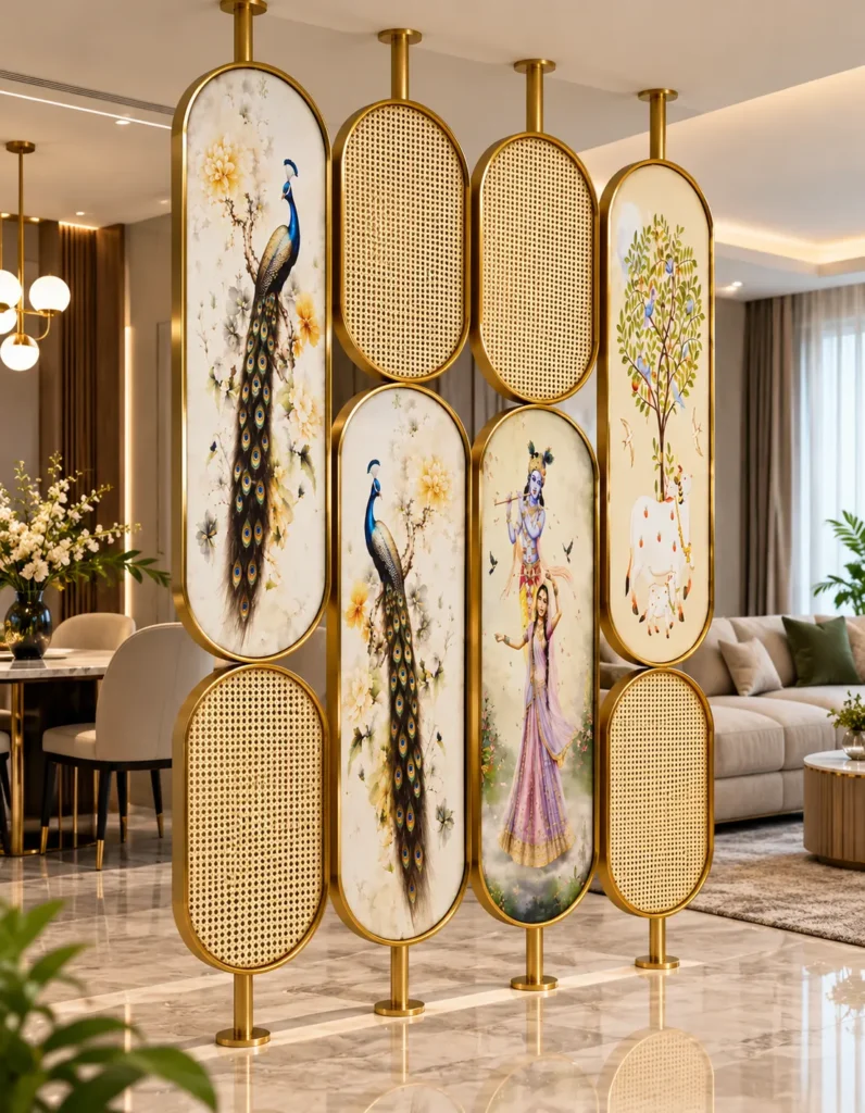 Luxury peacock partition with stainless steel frame and cane style woven panels