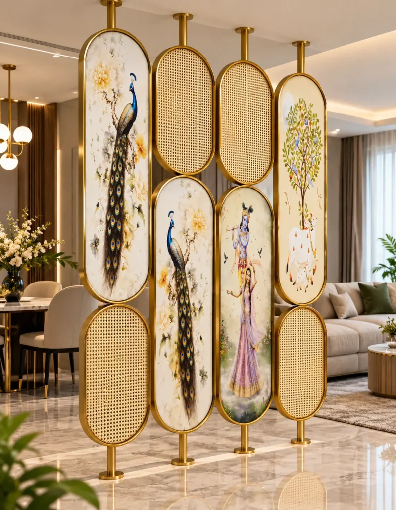 Luxury peacock partition with stainless steel frame and cane style woven panels