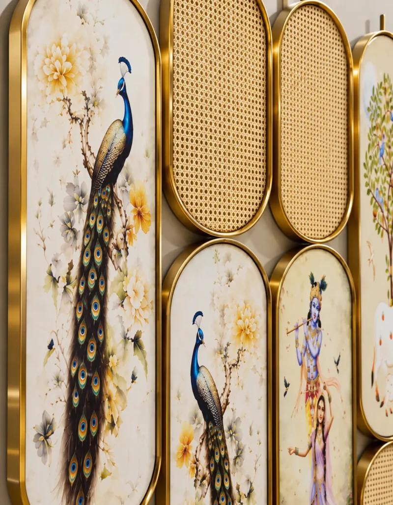 Close view of peacock artwork and cane style panels in gold room partition