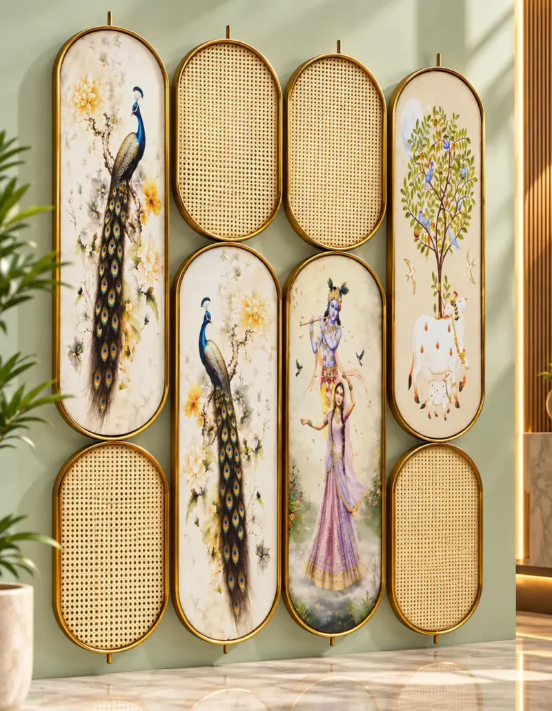 Decorative peacock room partition with floral artwork and woven oval panels