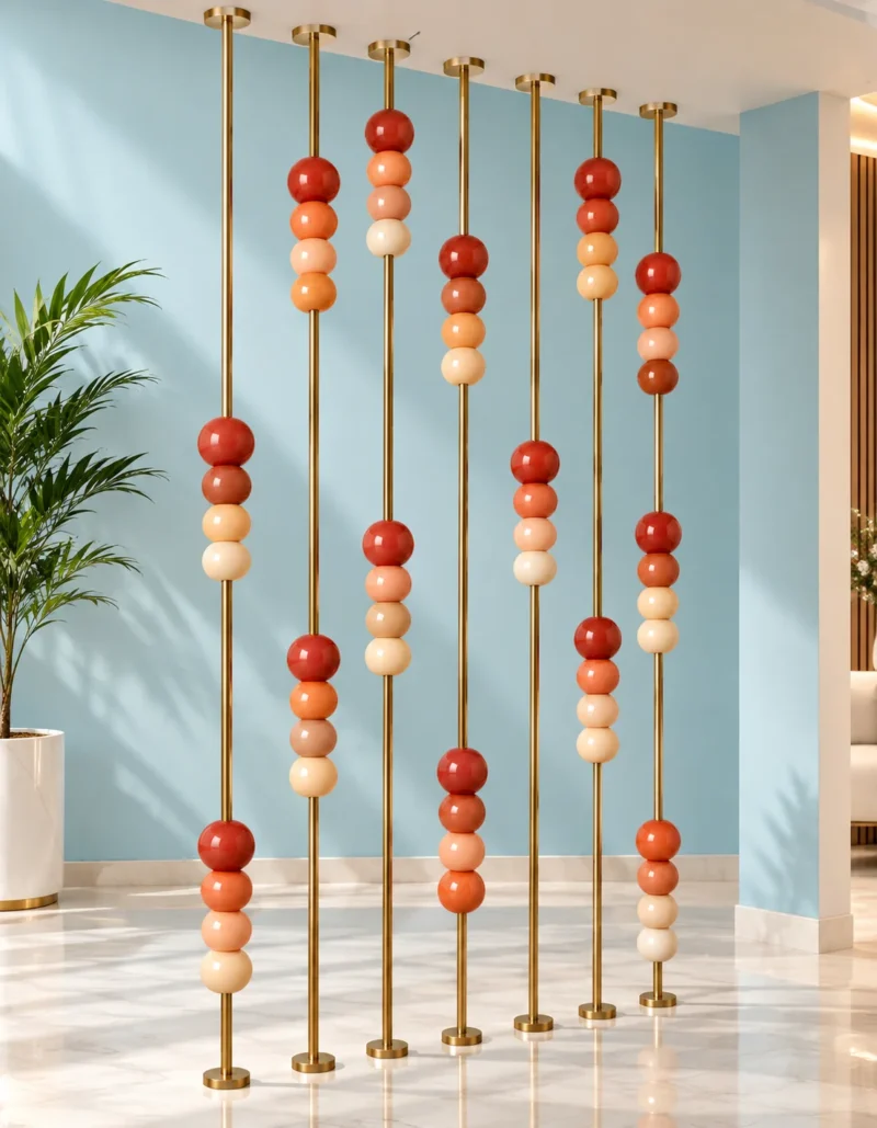 Gold stainless steel room partition with terracotta marble beads