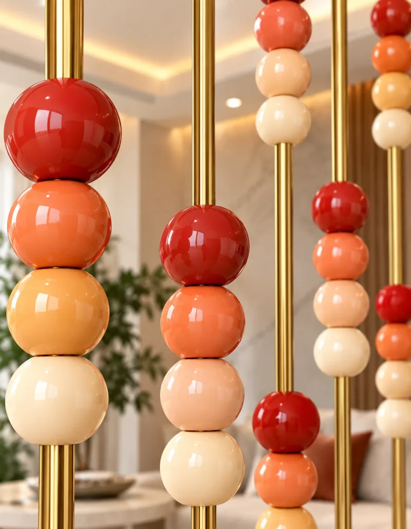 Close up of decorative marble beads on gold partition rods