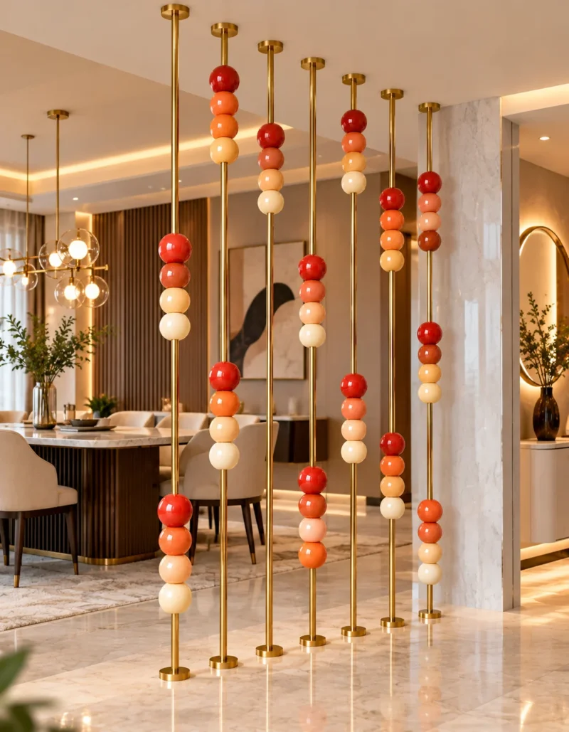 Decorative gold room divider with colorful marble beads