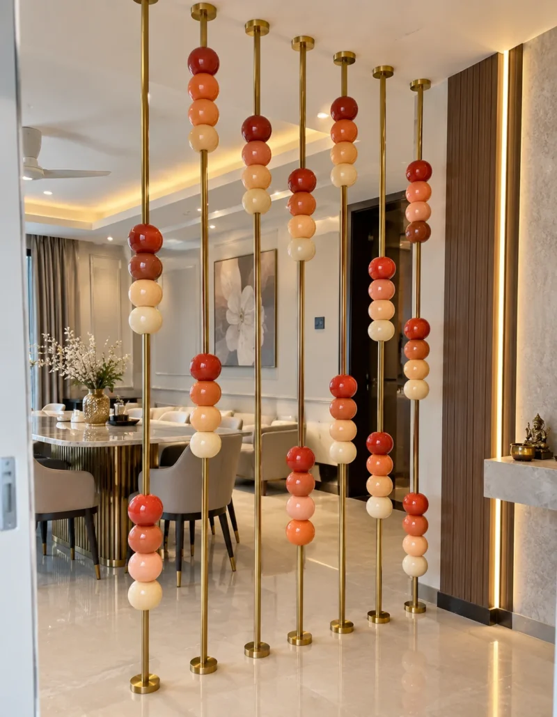 Floor to ceiling stainless steel partition with marble beads