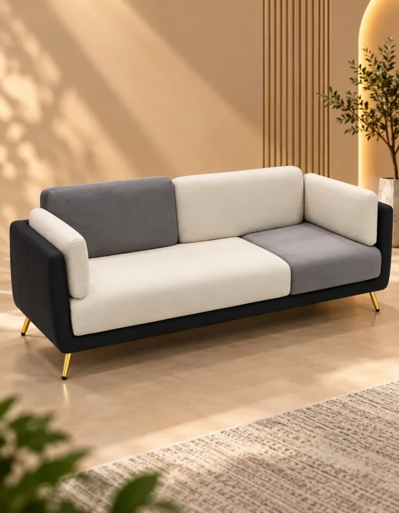 Monvera modern two tone sofa with cream and grey fabric upholstery