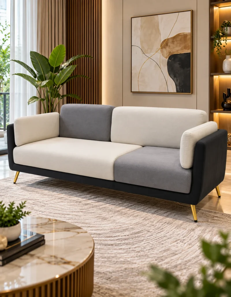Modern cream and grey two tone sofa in contemporary living room
