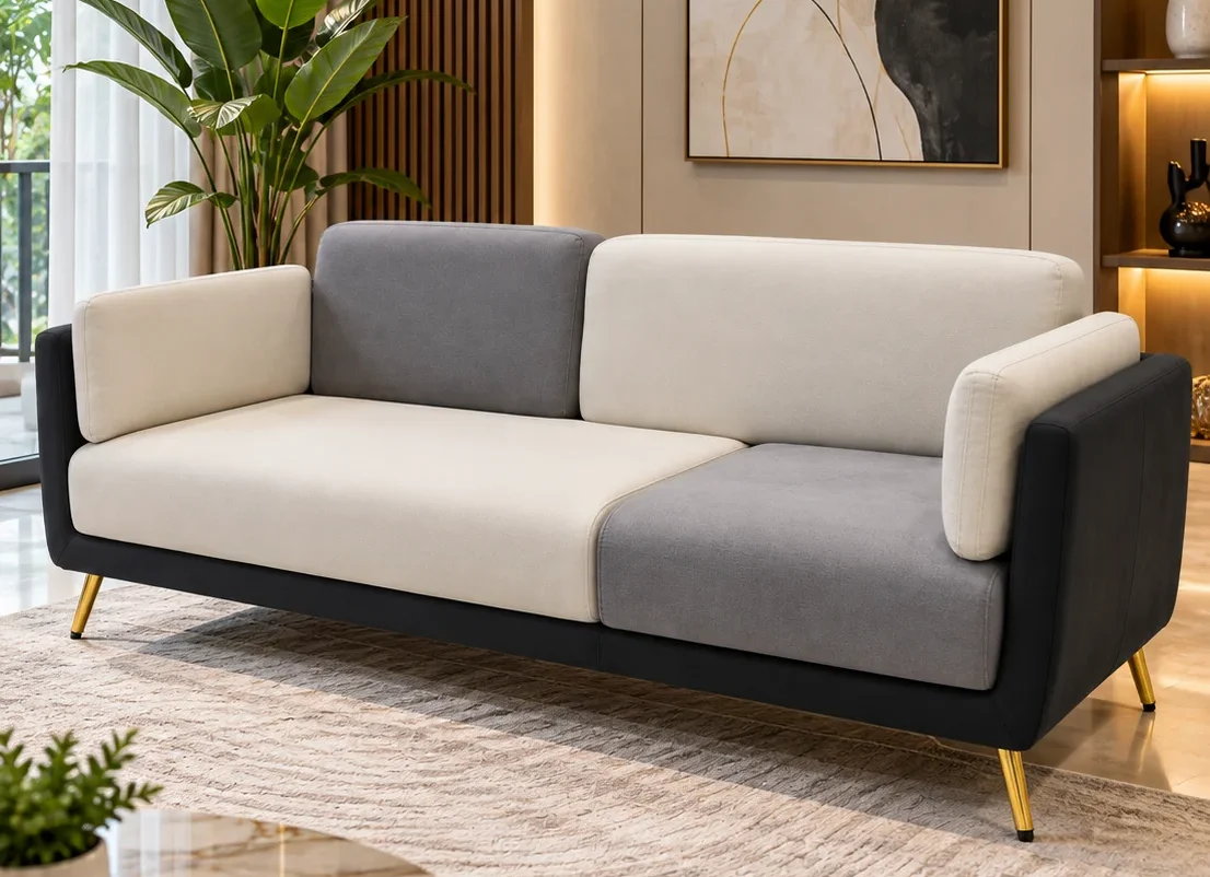 Modern cream and grey two tone sofa in contemporary living room