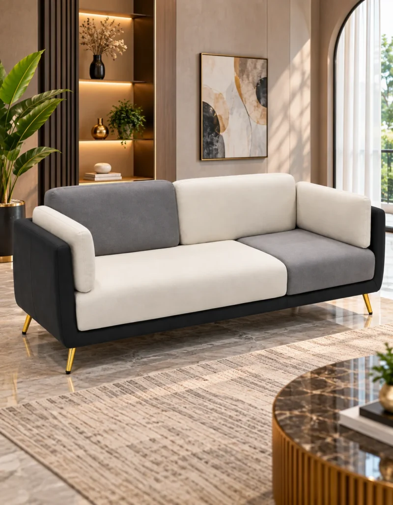 Monvera designer sofa with cream grey upholstery and black outer frame