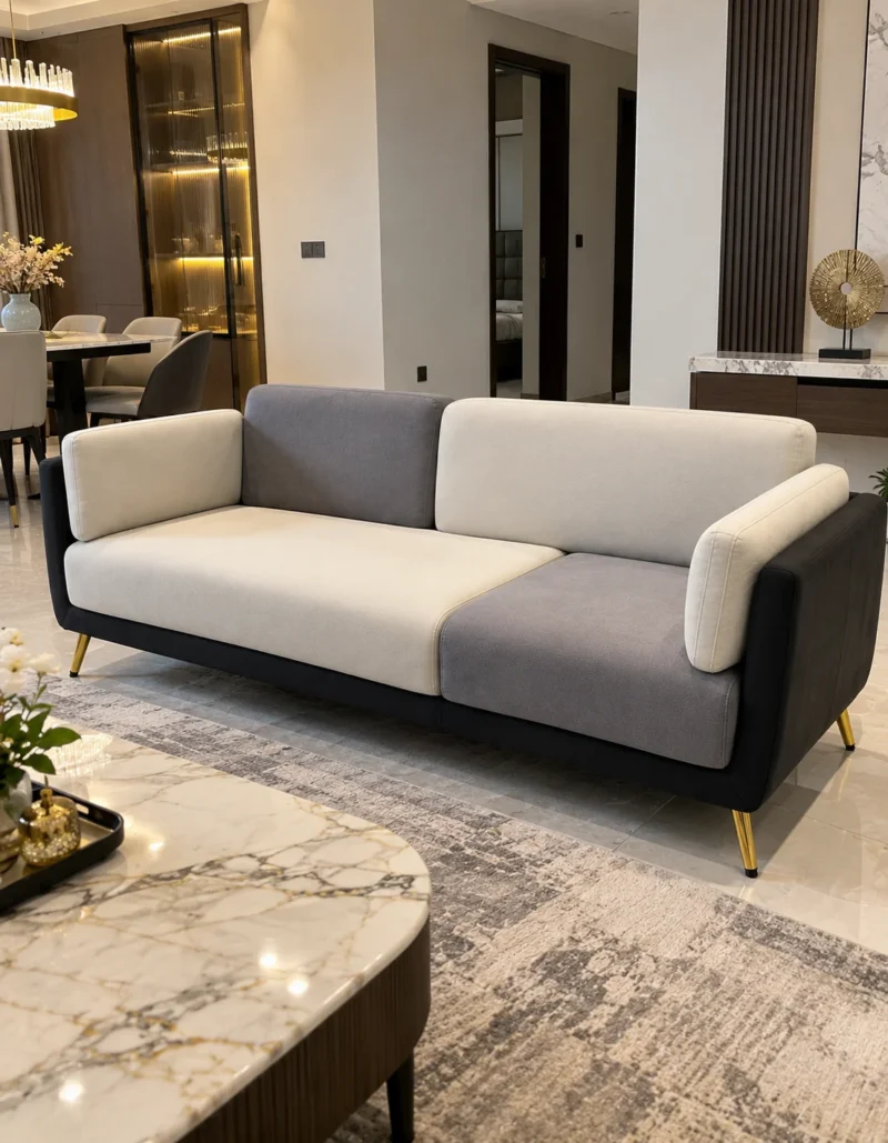 Cream and grey luxury sofa for living room with gold finish legs