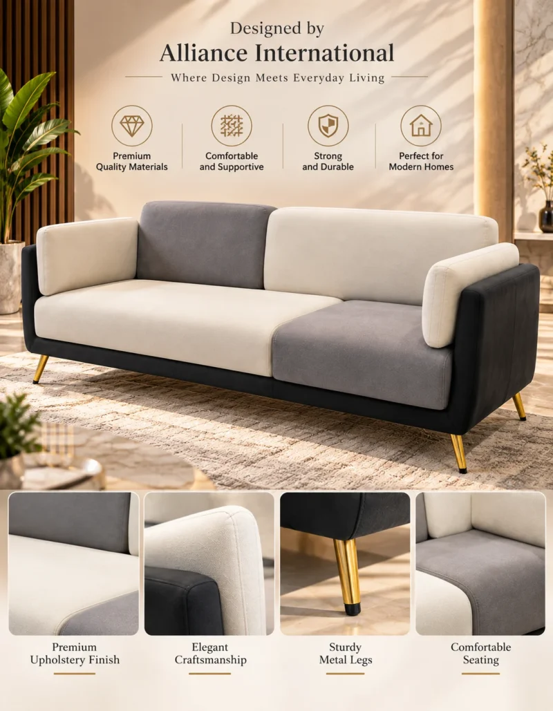 Monvera modern sofa showing premium upholstery padded seating and metal legs