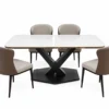 Nexora marble dining table with black X base and upholstered chairs