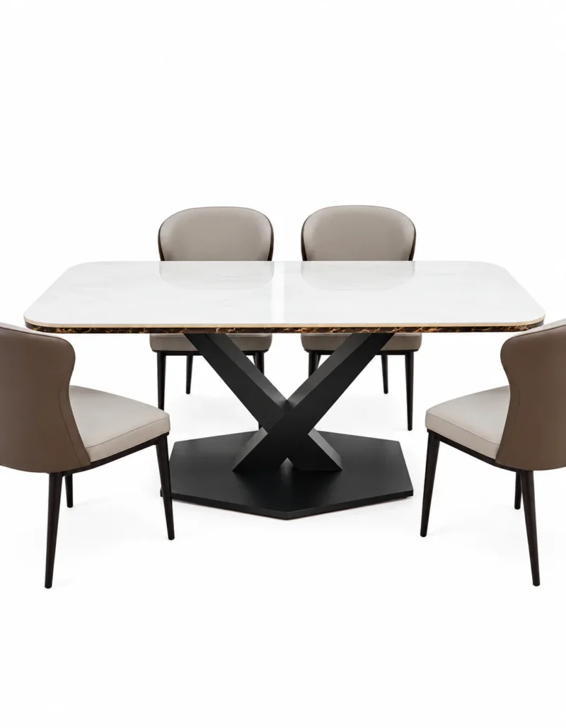 Nexora marble dining table with black X base and upholstered chairs
