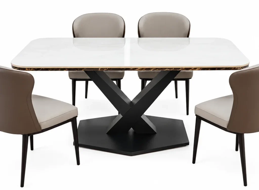 Nexora marble dining table with black X base and upholstered chairs