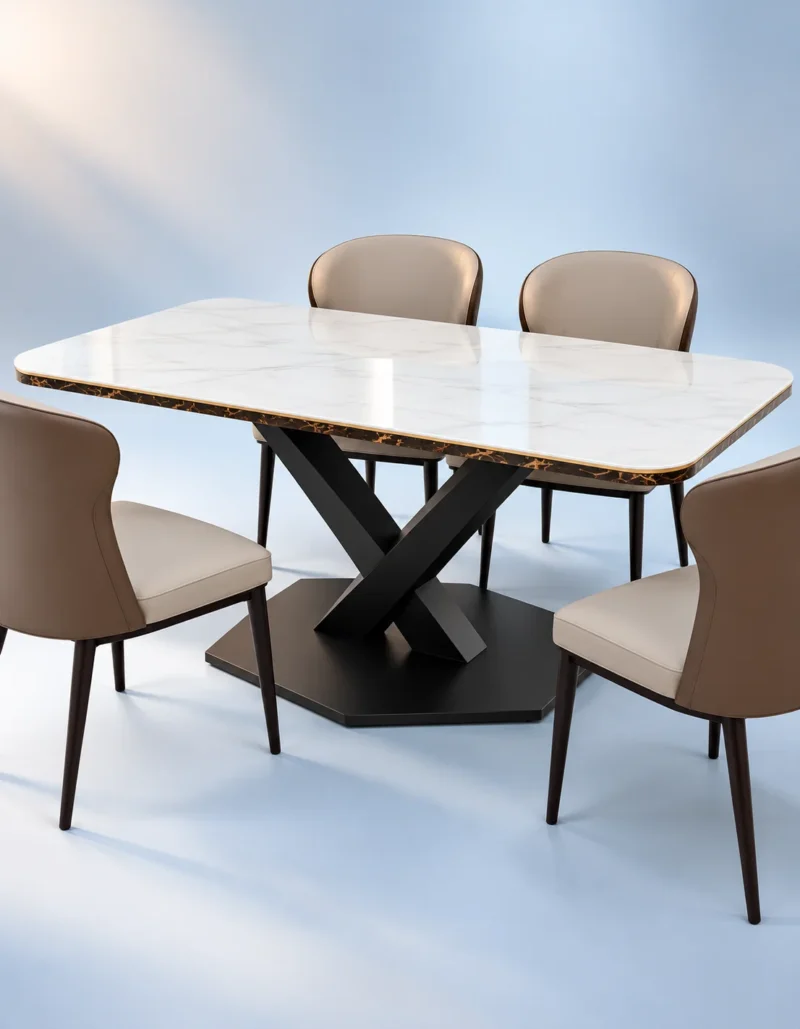 Modern marble dining table with matte black X shaped base