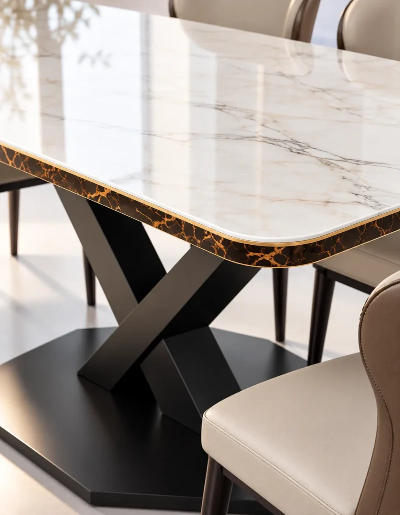 Close up of marble dining table top and black stainless steel X base