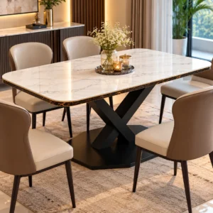 Luxury marble dining table with black geometric stainless steel base