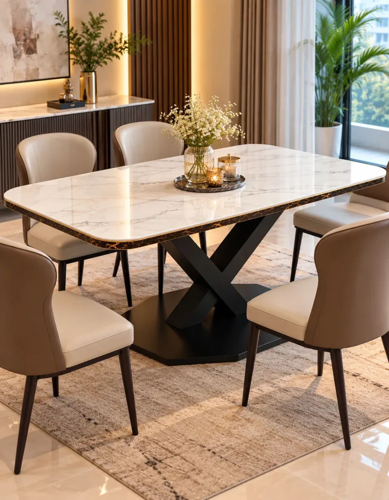Luxury marble dining table with black geometric stainless steel base