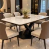 Black base marble dining table with upholstered dining chairsBlack base marble dining table with upholstered dining chairs