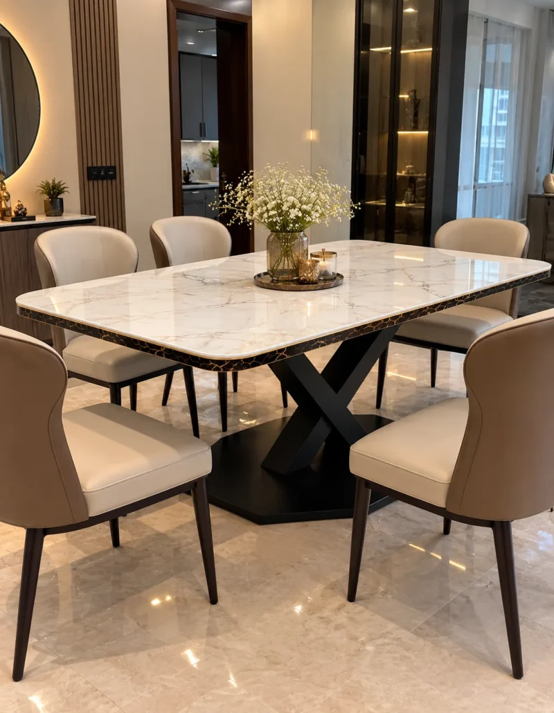 Black base marble dining table with upholstered dining chairsBlack base marble dining table with upholstered dining chairs
