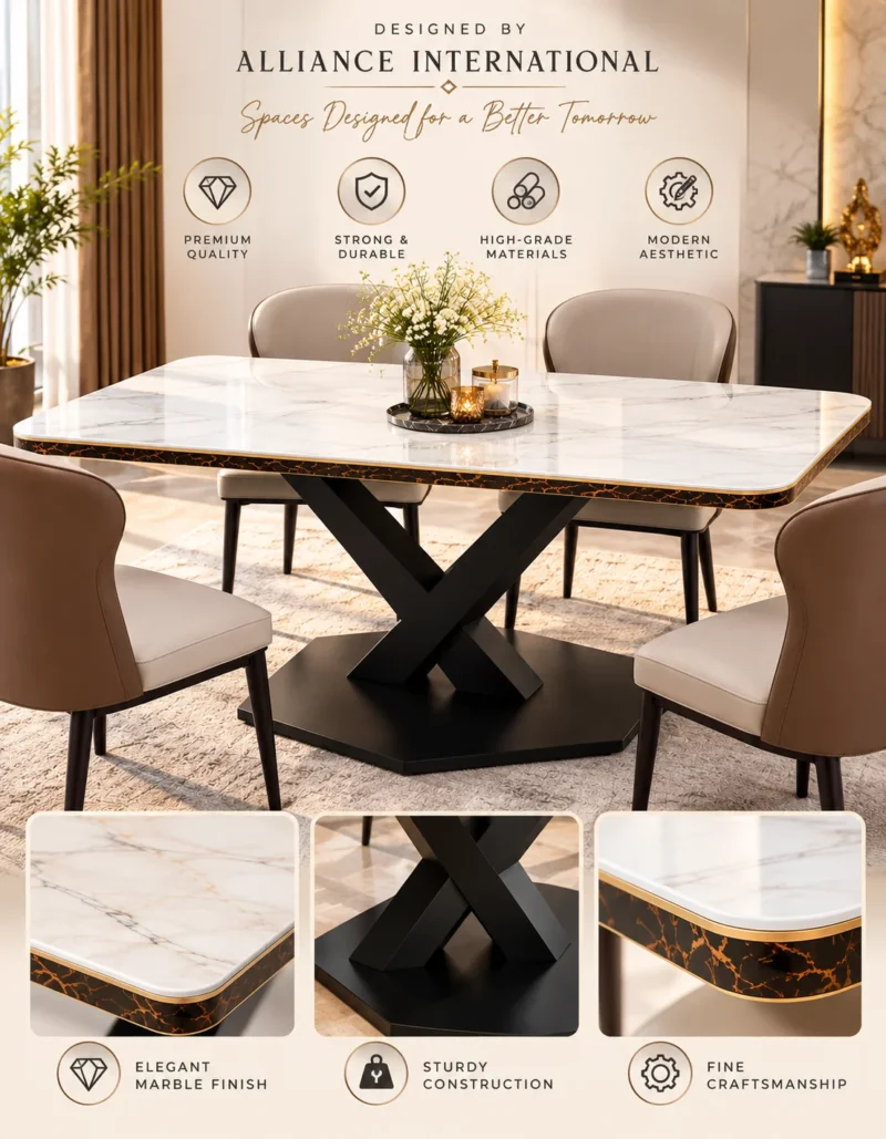 Nexora X marble dining table with black stainless steel base