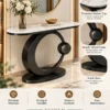 Orbis black marble console table with stainless steel circular base, marble top and durability features.