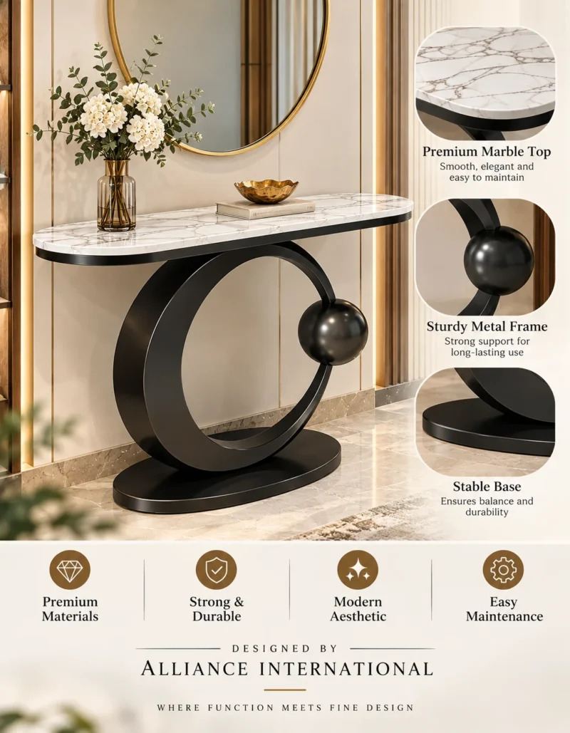 Orbis black marble console table with stainless steel circular base, marble top and durability features.