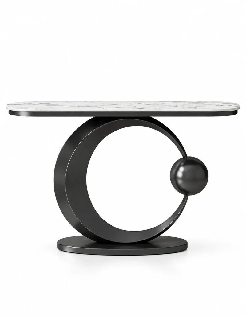 Orbis black marble console table with white marble top, circular stainless steel base and black sphere on white background.