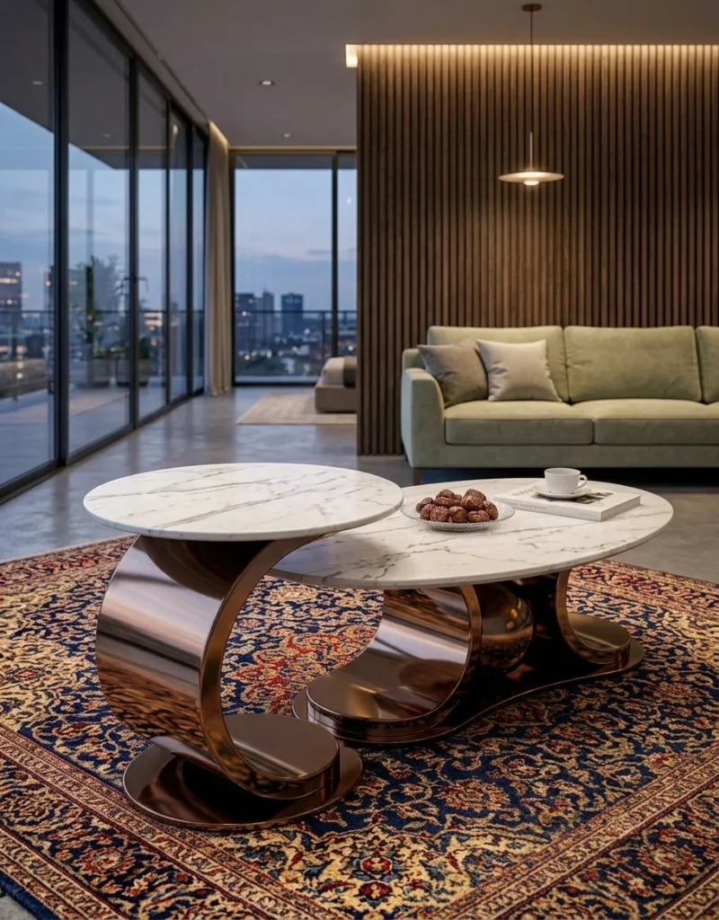 Sculptural marble centre table set of two with white veined tops and dark metallic loop bases in a modern living room