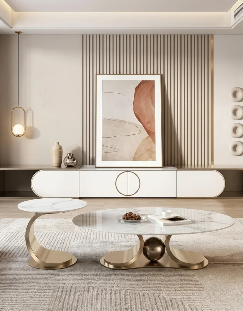 White marble-look centre table set of two with champagne metallic loop bases in a contemporary living room