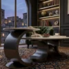 Designer marble centre table set with white veined tops and dark sculptural curved bases in a moody luxury lounge