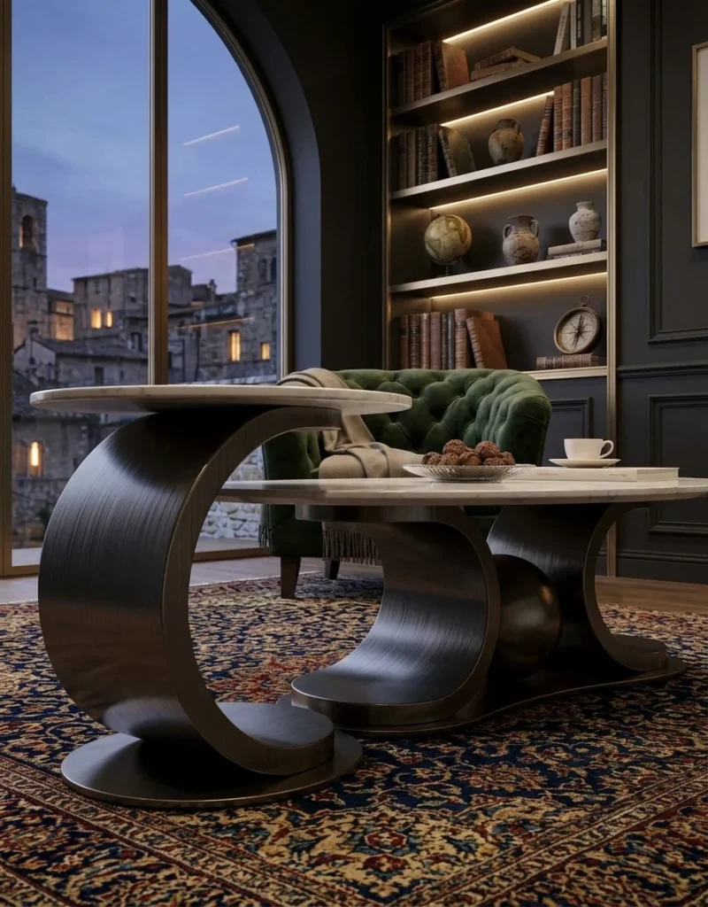 Designer marble centre table set with white veined tops and dark sculptural curved bases in a moody luxury lounge