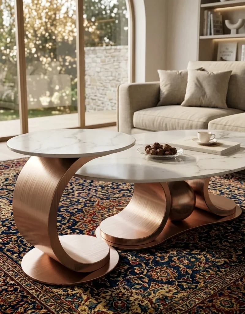 Rose gold brushed metal curved coffee table with Calacatta marble top placed on traditional oriental carpet